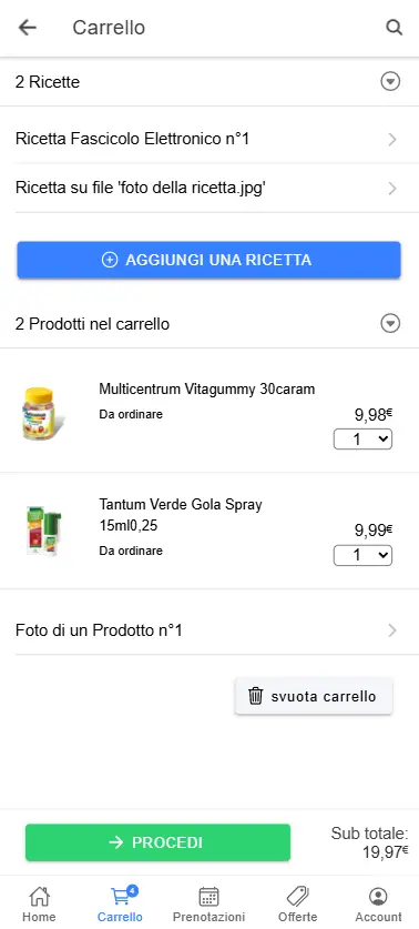 Carrello e-commerce dell'app